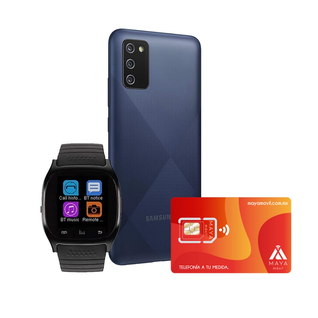 Samsung A02s Dual Sim Blue con servicio Maya Móvil Plus gratis y SmartWatch de regalo.